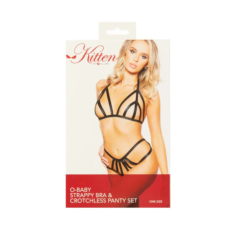 Don’t Miss Out Kitten by Allure - O-Baby Strappy Bra & Crotchless Panty Set - Black - OS