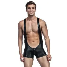 Black Faux Leather Men’s Bodysuit with U-Pouch Warranty Included